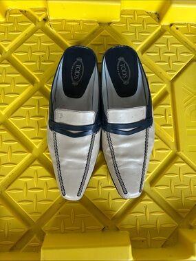 Tod's White Leather Loafers with Navy Trim